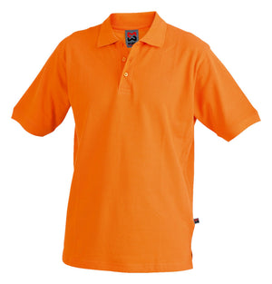 Oranges Arbeitspoloshirt mit kurzem Arm und klassischem Kragen aus robustem Material.