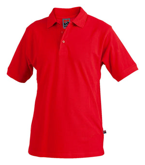 Rotes Arbeitspoloshirt mit Kurzärmeln und Polo-Kragen aus atmungsaktiver Baumwollmischung.