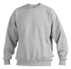 Grau-melierter Arbeitspullover aus Sweatshirt-Material mit Rundhalsausschnitt und Seitentaschen.
