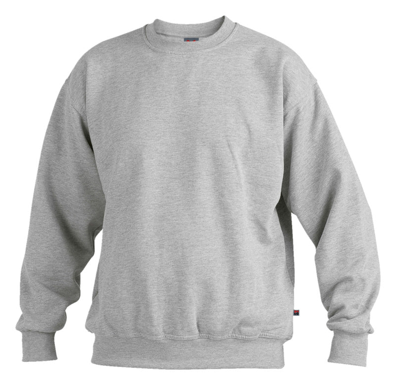 Grau-melierter Arbeitspullover aus Sweatshirt-Material mit Rundhalsausschnitt und Seitentaschen.