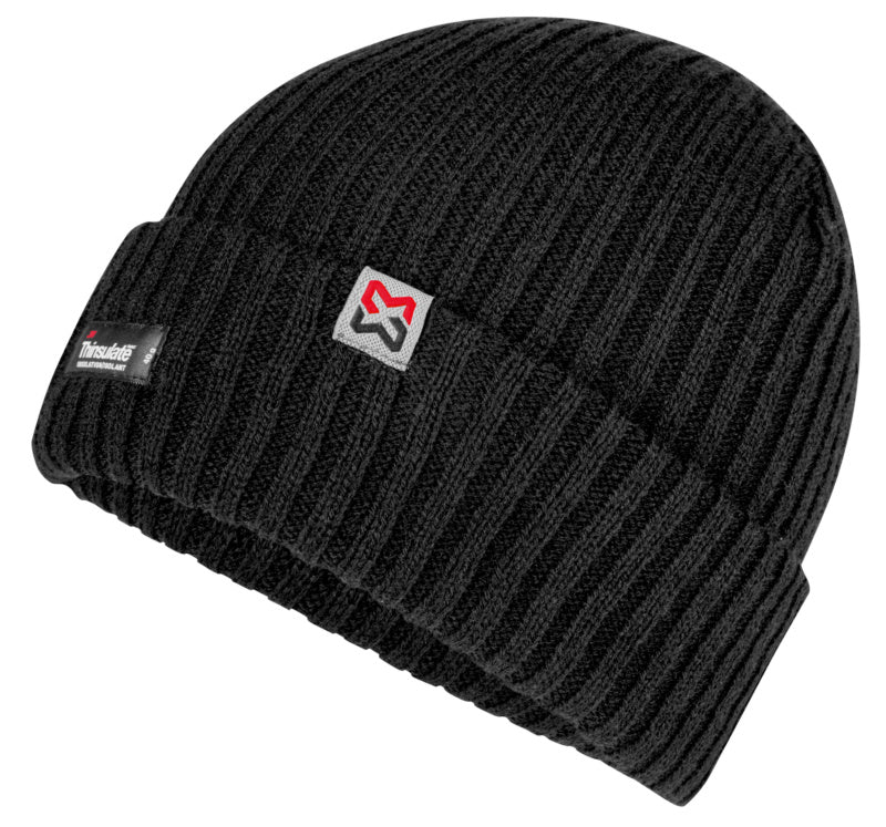 Schwarze Strickmütze mit Kapuze und Thinsulate-Isolierung für kalte Tage und Arbeit.