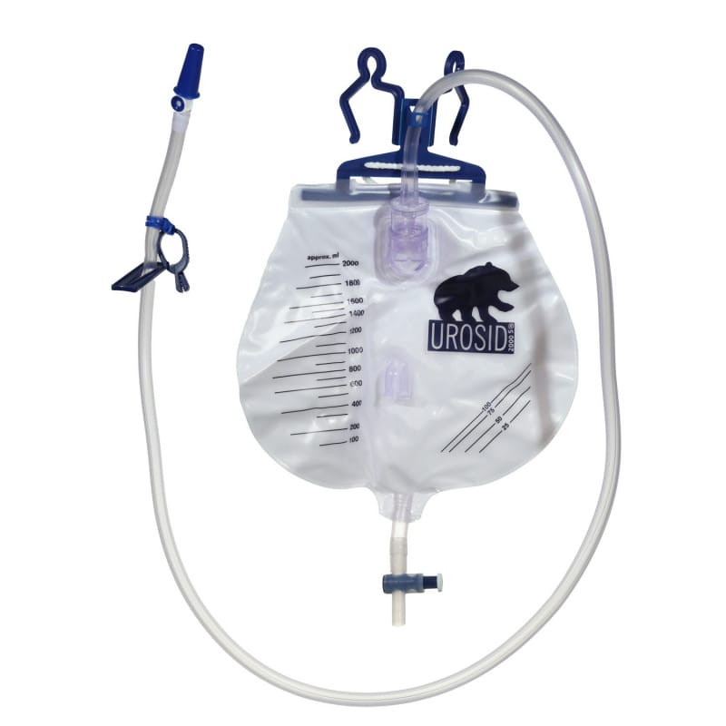 Steriles UROSID 2000S Urinableitungssystem mit Ventil und transparenter Auffangblase.