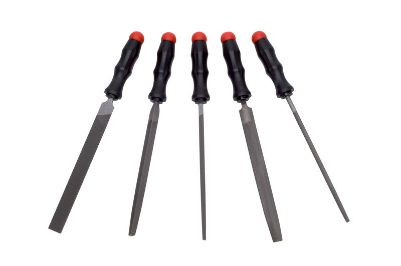 Fünf Werkstattfeilen mit 200 mm Länge und ergonomischen Griffen in einem Set.