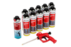 Set mit PU-Schaum und Sprühkopf für präzise Anwendung und hohe Haftung auf verschiedenen Materialien.