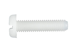Schraube mit Flachkopf und Schlitz, 4 mm Durchmesser, 85 mm lang, aus PA6.6 Kunststoff.