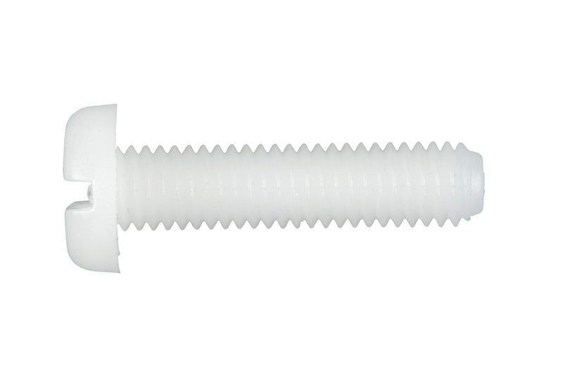 Schraube mit Flachkopf und Schlitz, 4 mm Durchmesser, 85 mm lang, aus PA6.6 Kunststoff.