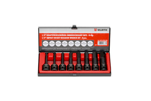Set of eight long hex keys with ball ends in various sizes in a compact holder