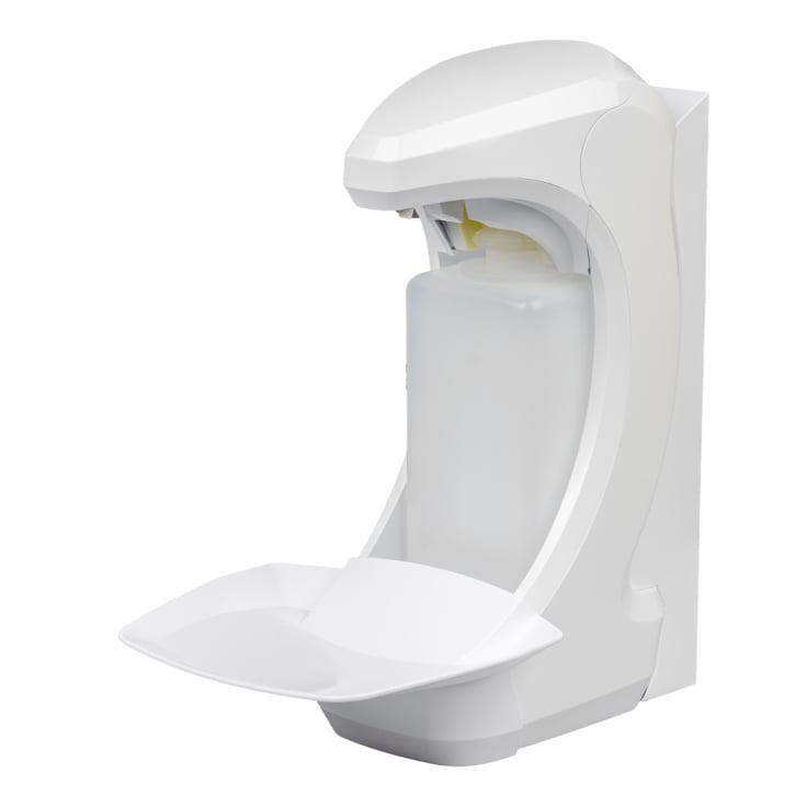 Berührungsloser weißer Tischspender mit Rückwand und Abtropfschale.