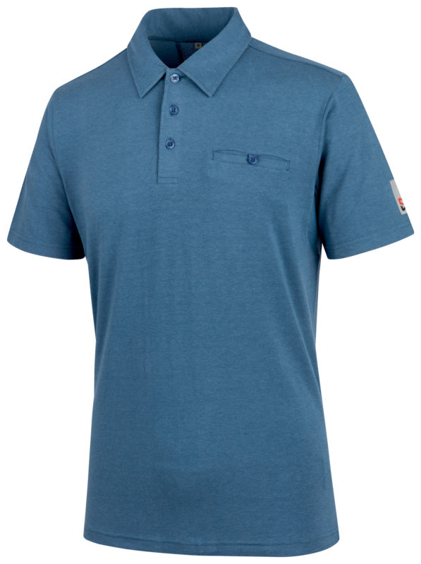 Blaues Arbeitspoloshirt mit Polokragen und Knopfleiste aus atmungsaktivem Material