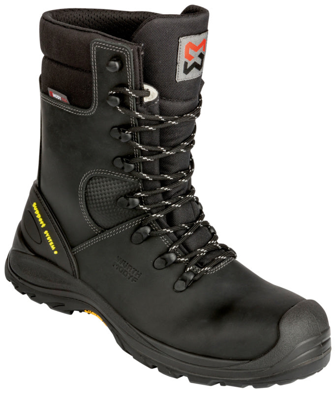 Schwarzer Sicherheitsstiefel Grado X S3 Größe 38 mit Stahlkappe und rutschfester Sohle.