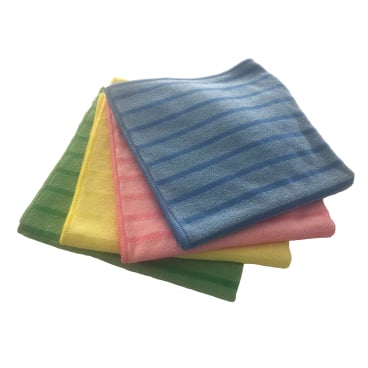 Vileda MicroTuff Mikrofasertücher in Grün, Gelb und Rosa.