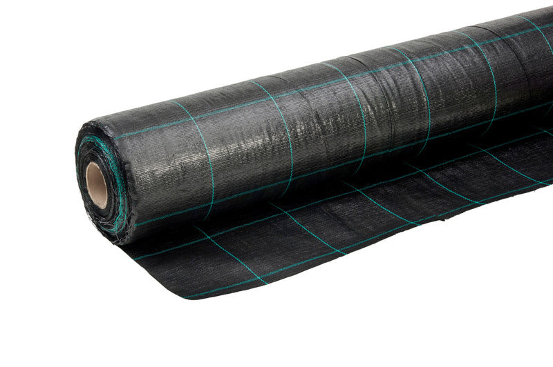 Schwarze UV-beständige Unkrautschutzfolie 105 cm breit und 10 Meter lang in Rollenpackung.