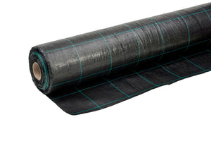 Schwarze, reißfeste Unkrautfolie aus Polyester für Gartenbeete mit Luft- und Wasserdurchlässigkeit.