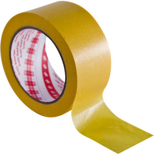 Gold-colored crepe tape, 30mm wide and 50 meters long, suitable for various projects.