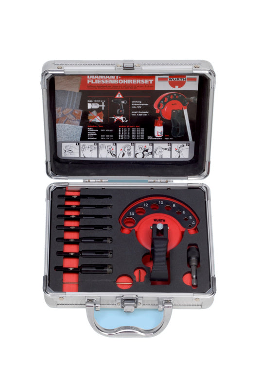 Set von zehn Nassbohrkronen mit Diamantsegmenten, Durchmesser 5 bis 14 mm.