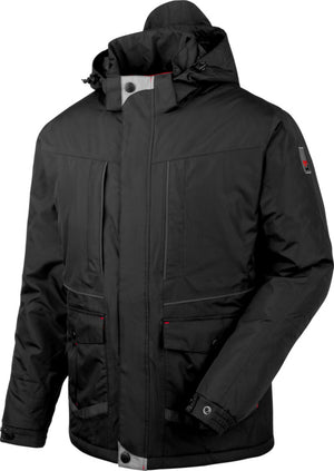 Schwarzer Wetterschutzparka Draco mit Kapuze, Reißverschlusstaschen und verstellbaren Manschetten.