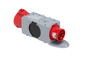 Adapter CEE mit 16A Phasenwechselsteckdose und 32A Kupplung, 5-polig, robustes Design.