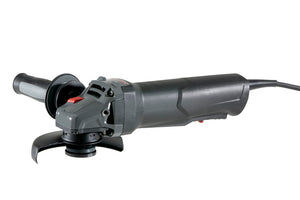 Elektrowinkelschleifer mit 125 mm Scheibe, Schutzhaube und verstellbarem Handgriff.