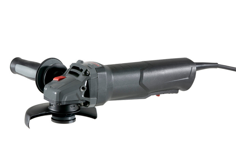 Elektrowinkelschleifer mit 125 mm Scheibe, Schutzhaube und verstellbarem Handgriff.