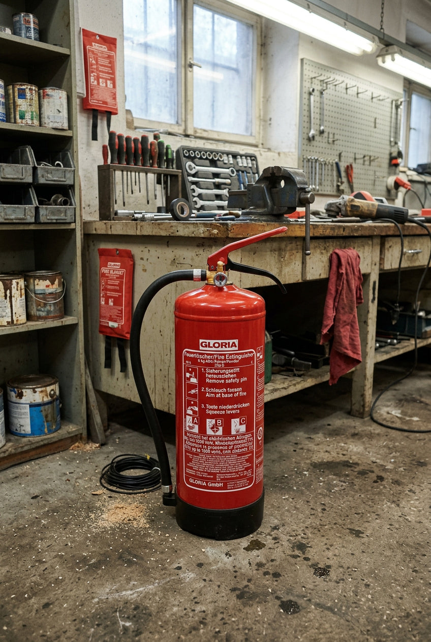 Feuerlöscher FEURLOESH-EN3-6KG in rotem Metallgehäuse mit Manometer und ergonomischem Griff.