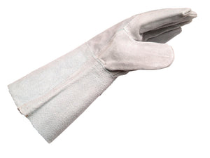 Schweißerhandschuhe aus Rindsplitleder in Größe 10 mit verstärkten Nähten und atmungsaktiver Innenseite.