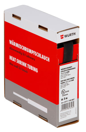 Schwarze Schrumpfschläuche in fünf Größen von 25,4 bis 12,7 mm in einer Box.