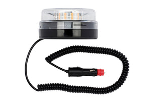 Rundumkennleuchte für Nutzfahrzeuge mit orangefarbenem Leuchtglas und schwarzem Sockel.