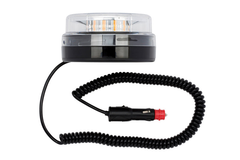 Rundumkennleuchte für Nutzfahrzeuge mit orangefarbenem Leuchtglas und schwarzem Sockel.