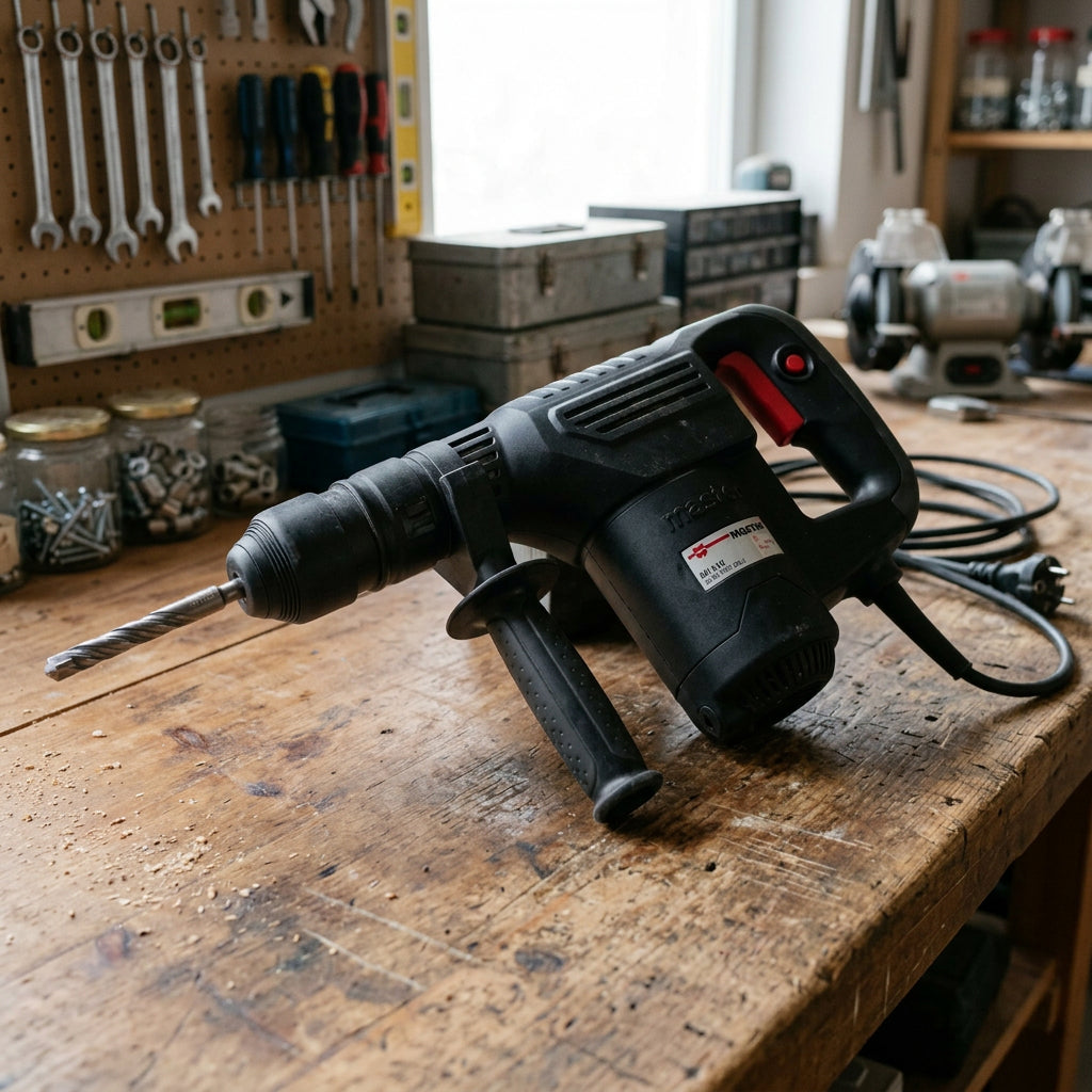 Elektro Meißelhammer MSLHAM mit ergonomischem Griff und verschiedenen Meißelaufsätzen.