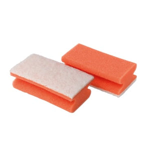 Zwei orangefarbene Reinigungsschwämme mit weißer Seite.