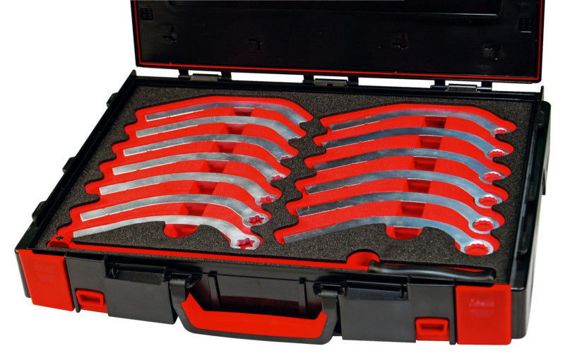 14-piece set of tensioning roller tools with various sizes and shapes.