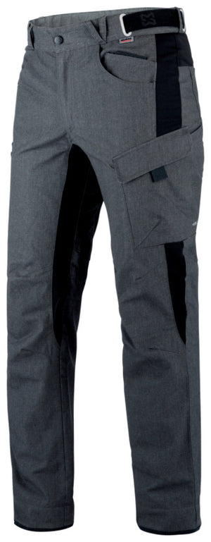 Anthrazitfarbene Arbeitshose mit elastischem Bund, Taschen und vorgeformten Kniepolstertaschen.