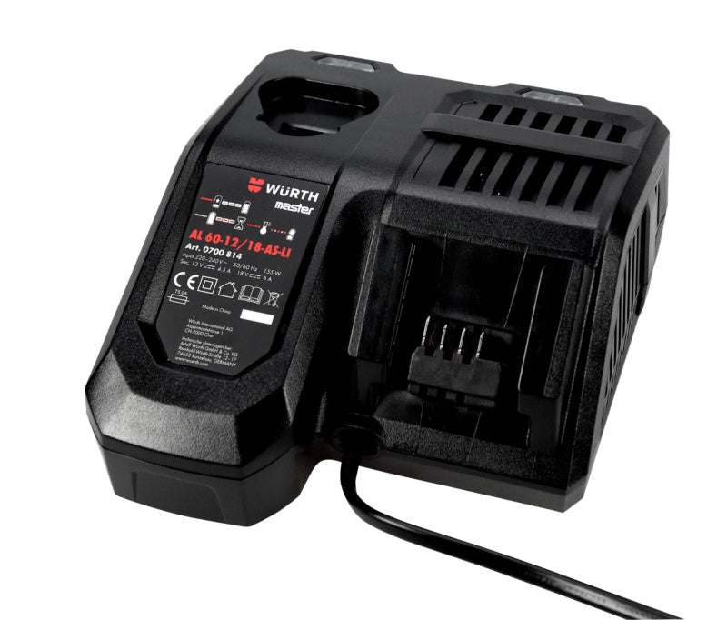 Kompaktes Ladegerät für 12V und 18V Lithium-Ionen-Akkus mit LED-Ladeanzeige.