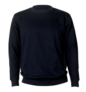 Dunkelblauer Arbeitspullover mit geripptem Rundkragen und praktischer Fronttasche.