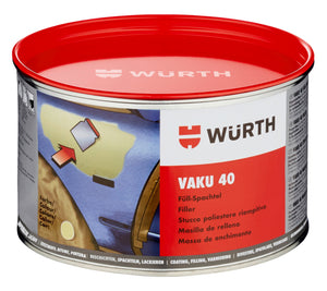 Hellgraue Spachtelmasse mit Härter in praktischem Behälter für Innen- und Außenanwendung.