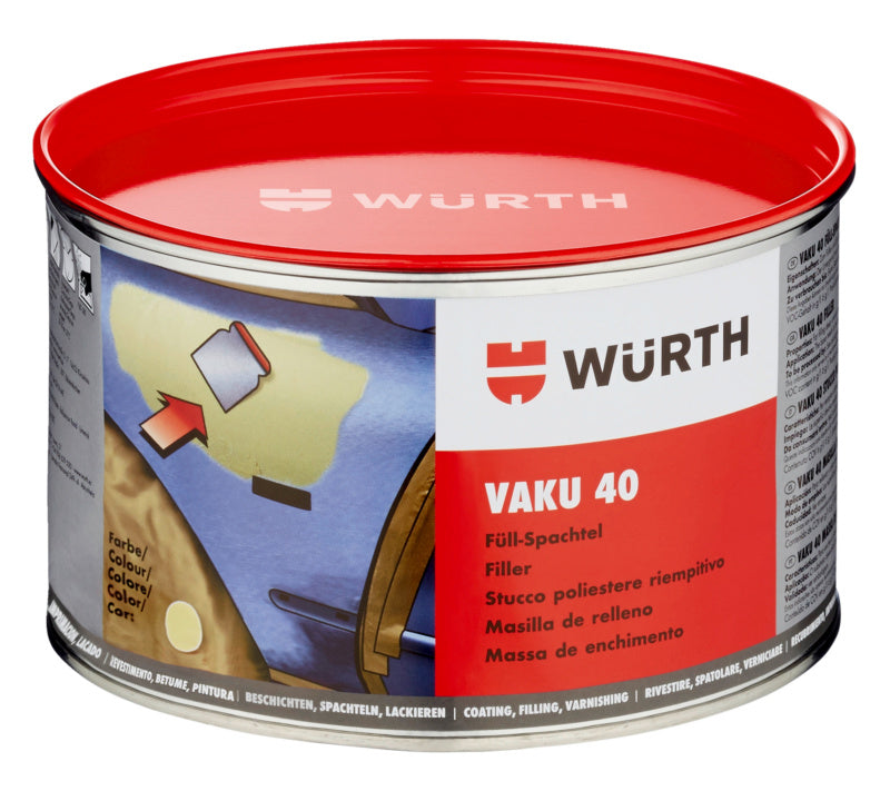 Hellgraue Spachtelmasse mit Härter in praktischem Behälter für Innen- und Außenanwendung.