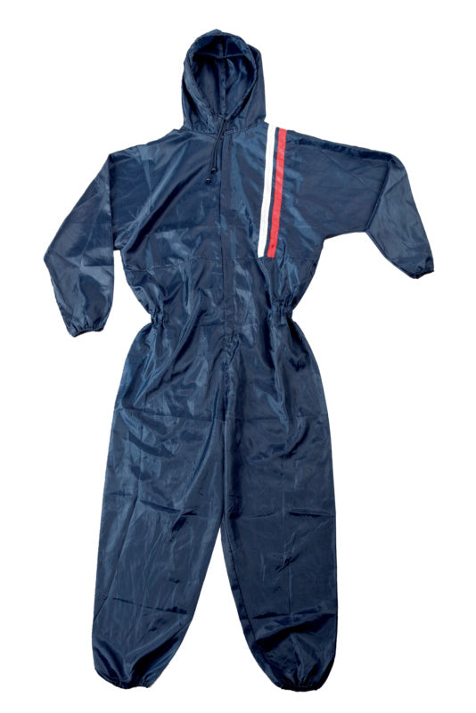 Blauer Lackieroverall mit elastischen Bündchen und Taschen für Schutz bei Malerarbeiten.