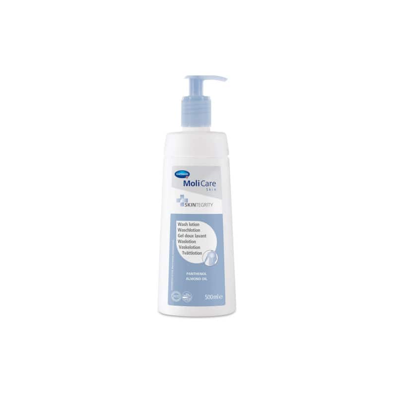 MoliCare Skin Waschlotion mit Panthenol und Mandelöl in einer 500ml Flasche.