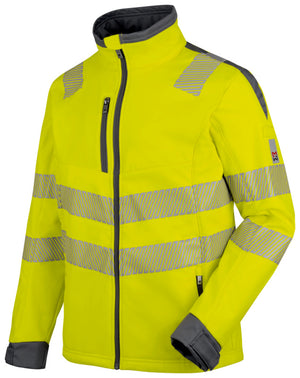 Neon gelbe Softshelljacke mit grauen Akzenten, winddicht und wasserabweisend.