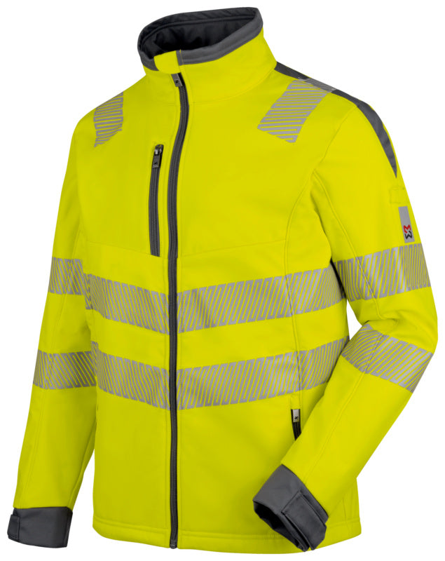 Neon gelbe Softshelljacke mit grauen Akzenten, winddicht und wasserabweisend.