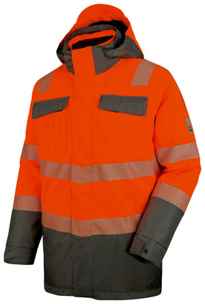 Warnschutzjacke-PARKA 3IN1 in Neon Orange/Grau mit reflektierenden Elementen und verstellbaren Ärmelbündchen.