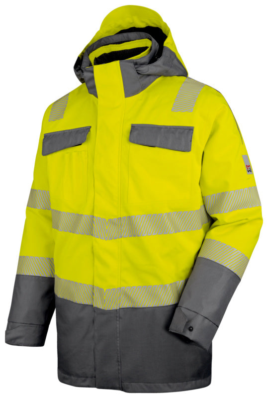 Warnschutzjacke-PARKA 3IN1 in neon gelb und grau mit reflektierenden Streifen und Taschen.