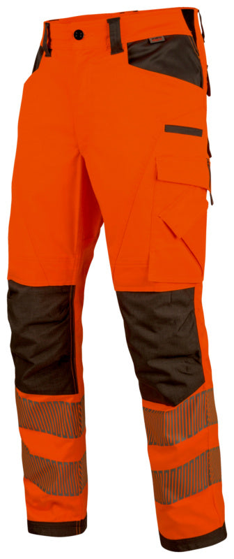 Winterwarnschutzhose in Neonorange und Grau mit reflektierenden Elementen und elastischem Bund.