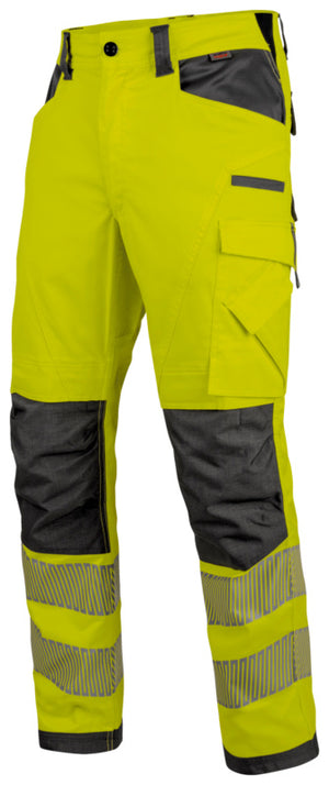 Warnschutzhose in Neon Gelb/Grau mit Reflexstreifen und verstellbarem Bund für Komfort.