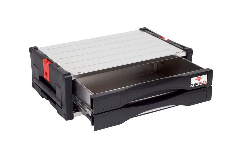 Robuste Systembox mit transparenten Schubladen und variablen Trennwänden zur Werkzeugaufbewahrung.