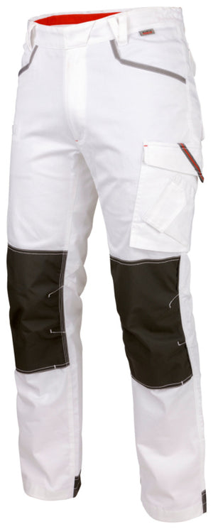 Arbeitshose in Weiß mit elastischem Material, verstärkten Knien und zahlreichen Taschen.