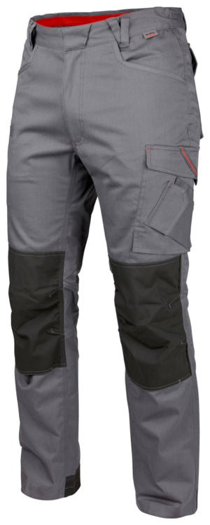 Grau Arbeitshose-Bundhose Stretch X mit elastischem Bund und mehreren praktischen Taschen.