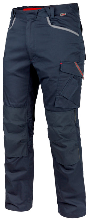 Dunkelblaue Arbeitshose mit Stretch, elastischem Bund und mehreren Taschen für Handwerker