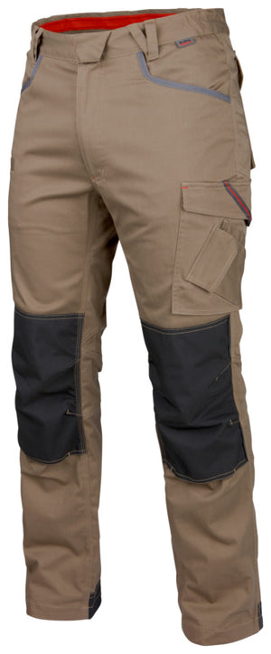Beige Arbeitshose-Bundhose Stretch X mit funktionalen Taschen und elastischem Material.