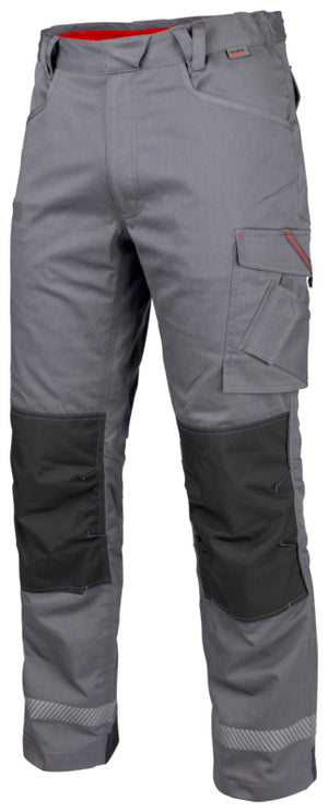 Graue Winter-Bundhose mit Stretchmaterial, elastischem Bund und mehreren Taschen.